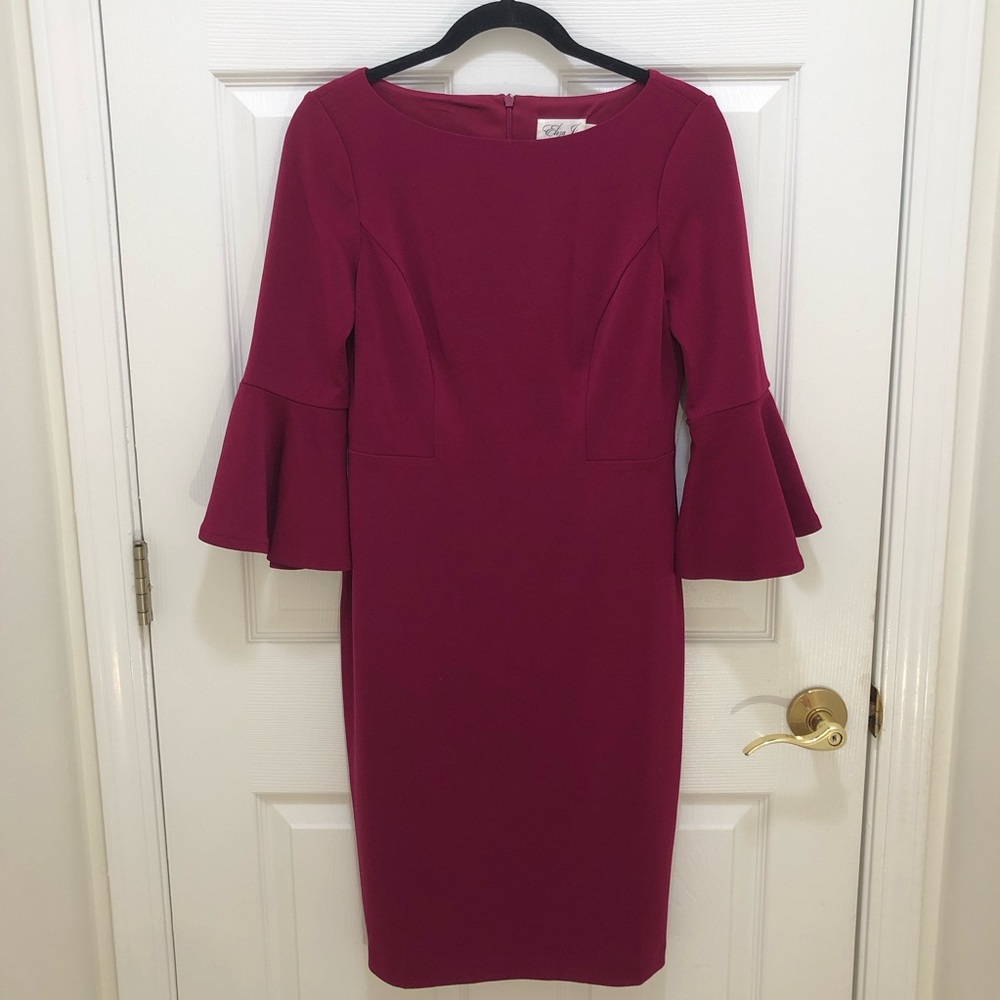 Eliza J Fuchsia Plum‎ Bell Sleeve Midi Sheath Dress. Size 6